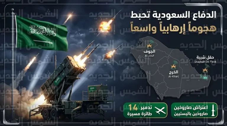 إحباط هجوم إرهابي واسع استهدف حقل شيبة ومنشآت حيوية وتدمير 16 هدفاً معادياً في سماء المملكة