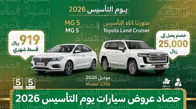 عروض سيارات يوم التأسيس 2026: قسط شهري يبدأ من 919 ريالاً لسيارة MG5 وأقوى خصومات تويوتا وفورد